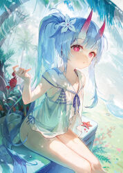 1girl absurdres bare_legs bikini blue_archive chise_(blue_archive) chise_(swimsuit)_(blue_archive) collarbone crab flat_chest flower grey_hair hair_flower hair_ornament halo happyongdal highres horns long_hair looking_at_viewer official_alternate_costume oni open_mouth parted_lips ponytail red_eyes sailor_collar see-through_clothes side-tie_bikini_bottom sitting skin-covered_horns solo starfish striped_bikini striped_clothes swimsuit
