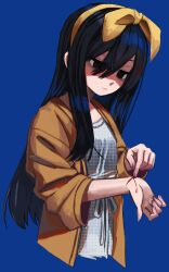 1girl :| aged_down aubrey_(faraway)_(omori) aubrey_(omori) bags_under_eyes black_eyes black_hair bleeding blood blood_on_arm blue_background bow_hairband brown_jacket closed_mouth commentary cropped_torso double-parted_bangs dress empty_eyes fingernails hair_between_eyes hair_over_shoulder hairband highres injury jacket long_hair long_sleeves looking_at_hand looking_down no_pupils omori open_clothes open_jacket polka_dot polka_dot_dress ribbon-trimmed_dress ribbon_trim shaded_face shousan_(hno3syo) simple_background sleeve_rolled_up solo straight_hair white_dress yellow_hairband