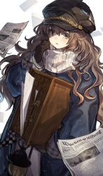 1girl :o absurdres adjusting_scarf blue_coat blue_eyes brown_gloves brown_hair carrying carrying_under_arm coat gloves grey_hat hand_up hat highres lantern long_hair looking_at_viewer marcus_(reverse:1999) newsboy_cap newspaper reverse:1999 scarf siena_(moratoriummaga) solo suitcase upper_body white_background white_scarf