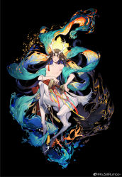 1boy absurdres animal_ears antlers black_hair centaur completely_nude costume_request deer_ears deer_tail eyeshadow facial_mark forehead_mark full_body haro_(kusiiirumoo) highres horns instrument_request long_hair makeup monster_boy multicolored_hair mythology nude onmyoji original purple_hair red_eyeshadow reindeer_antlers skinny solo tail taur two-tone_hair