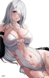 Rule 34 | 1girl, a2 (nier:automata), absurdres, android, bare shoulders, black gloves, blue eyes, breasts, center opening, covered navel, elbow gloves, gloves, goddess of victory: nikke, hair over one eye, highres, joints, large breasts, long hair, looking at viewer, mole, navel, nier:automata, nier (series), one-piece swimsuit, see-through clothes, shupita, simple background, solo, swimsuit, thighhighs, white background, white hair, white one-piece swimsuit