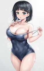 1girl bare_shoulders black_hair black_one-piece_swimsuit blunt_bangs blush bob_cut breasts cleavage collarbone commentary_request competition_swimsuit covered_navel cowboy_shot green_eyes hair_ornament hairclip highres kirigaya_suguha large_breasts looking_at_viewer one-piece_swimsuit parted_lips r-binon raised_eyebrows short_hair sidelocks simple_background solo standing strap_pull swimsuit sword_art_online wet white_background