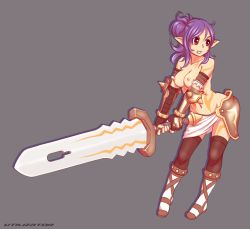 angry armor breasts clenched_teeth hip_focus pointy_ears purple_hair sword tagme teeth topless_female utilizator weapon