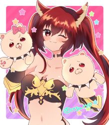 1girl animal_ears armor bikini_armor blush breasts cerberus_(shingeki_no_bahamut) cleavage collarbone dog_ears dog_girl hand_puppet highres itsu_ryo large_breasts long_hair navel one_eye_closed puppet red_eyes red_hair shingeki_no_bahamut smile solo twintails upper_body very_long_hair
