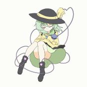 1girl animated black_footwear black_hat blinking closed_eyes collared_shirt commentary full_body green_eyes green_hair green_skirt hat hat_ribbon komeiji_koishi long_sleeves ribbon shirt simple_background skirt solo tarumaru third_eye touhou video yellow_ribbon yellow_shirt