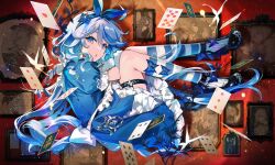 Rule 34 | 1girl, alice&#039;s adventures in wonderland, alice (alice in wonderland), alice (alice in wonderland) (cosplay), alternate costume, black shoes, blue dress, blue hair, card, cosplay, dress, drop-shaped pupils, fetal position, floating card, furina (genshin impact), genshin impact, grey hair, heterochromia, high heels, hirai yuzuki, long hair, looking at viewer, lying, on side, open mouth, picture frame, playing card, shoes, socks, solo, spotlight, striped clothes, striped socks, symbol-shaped pupils