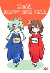 Rule 34 | 2021, 2girls, ahoge, blue eyes, blue kimono, brown hair, einhard stratos, full body, green hair, hair between eyes, happy new year, heterochromia, hibun tsukasa, japanese clothes, kimono, long hair, lyrical nanoha, multiple girls, new year, open mouth, purple eyes, red kimono, socks, stern the destructor, white socks, wide sleeves
