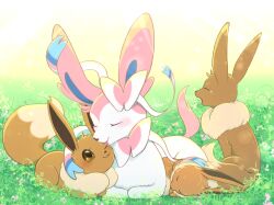 Rule 34 | animal focus, brown eyes, closed eyes, eevee, evolutionary line, field, full body, gen 1 pokemon, gen 6 pokemon, licking, negoya, nintendo, no humans, open mouth, outdoors, pokemon, pokemon (creature), sleeping, sylveon, tears, tongue, tongue out