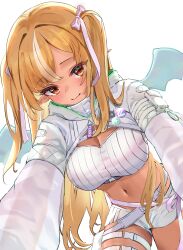 1girl absurdres alternate_costume belt belt_buckle blonde_hair blush bow breasts buckle chest_belt closed_mouth commentary_request cowboy_shot crop_top cropped_sweater elf english_text fanny_pack hair_bow highres hiragi_1014 hololive large_breasts leaning_forward long_hair long_sleeves looking_at_viewer multicolored_hair navel orange_eyes parted_bangs pointy_ears ribbed_sweater ribbon shiranui_flare short_shorts shorts shrug_(clothing) simple_background smile solo streaked_hair sweater thigh_strap two_side_up variant_set very_long_hair virtual_youtuber waist_ribbon white_background white_belt white_bow white_hair white_ribbon white_shorts white_shrug white_sweater white_wings wings zipper_pull_tab