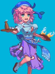 1girl animal_hat blue_background breasts choko_(cup) cleavage cup green_hair hat holding holding_tray large_breasts messy_hair okunoda_miyoi open_mouth pink_hair pixel_art potemki11 purple_skirt short_sleeves skirt solo tokkuri touhou tray whale_hat
