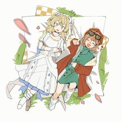 2girls blanket blonde_hair bobodoki brown_hair closed_eyes commentary_request detached_sleeves dress eyewear_on_head flower from_above grass green_dress green_eyes highres jacket laughing long_hair long_sleeves lying medium_hair multiple_girls on_back open_clothes open_jacket open_mouth pink_flower pointing pointing_at_viewer red_headwear red_jacket regulus_(reverse:1999) reverse:1999 short_sleeves smile sotheby sunglasses white_dress white_footwear white_headdress white_sleeves