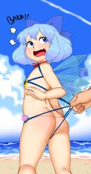 1boy 1girl annoyed anus arm_at_side ass blue_eyes blue_hair blue_one-piece_swimsuit blue_ribbon blue_sky cirno clothes_pull english_text eyebrows eyelashes feet_out_of_frame flat_chest from_behind hair_ribbon highres hoshime light_blue_hair loli looking_at_another looking_back matching_hair/eyes medium_hair one-piece_swimsuit one-piece_swimsuit_pull open_mouth outdoors pussy ribbon screaming sky slingshot_swimsuit solo_focus standing swimsuit teeth tongue touhou uncensored uvula