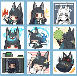 1girl animal_ear_fluff animal_ears aqua_jacket bangboo_(zenless_zone_zero) black_gloves black_hair black_necktie black_skirt blunt_bangs chibi chibi_only collared_shirt eyeball fingerless_gloves food fox_ears fox_girl fruit gloves highres holding holding_sword holding_weapon hoshimi_miyabi jacket japanese_clothes katana kimono long_hair melon necktie ofuton_tamago red_eyes shirt single_fingerless_glove sitting skirt sword tailless_(zenless_zone_zero) thumbs_up under_table weapon white_kimono white_shirt zenless_zone_zero