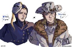 2boys animal_skull artist_collaboration belt_collar blackmore blonde_hair blue_capelet blue_eyes capelet catch_the_rainbow character_name collar commentary cow_skull cowboy_hat cropped_torso ei_k20 fur-trimmed_jacket fur_trim grey_hat grey_jacket grey_shirt hanagruma0606 hat highres hood hood_up jacket jojo_no_kimyou_na_bouken long_hair looking_to_the_side male_focus mask mask_on_head mountain_tim multiple_boys parted_lips ponytail scar scar_on_face shirt stand_(jojo) star_(symbol) steel_ball_run white_background