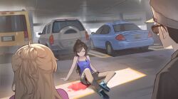1boy 2girls ahoge arm_support bare_shoulders belt black_pants black_shirt blonde_hair blood blue_eyes blue_footwear blue_tank_top bracelet brown_hair car class_of_09 collarbone cop_(class_of_09) day denim grimace gunshot_wound hair_bun hat indoors injury jeans jecka_(class_of_09) jewelry long_hair looking_at_another motor_vehicle multiple_girls nicole_(class_of_09) official_art one_eye_closed pants parking_garage pink_shirt police police_hat ponytail pool_of_blood purple_footwear shadow shirt shoes short_hair sidelocks sleeveless sleeveless_shirt sneakers sports_utility_vehicle studded_belt sunglasses swept_bangs tank_top torn_clothes torn_pants two-tone_footwear