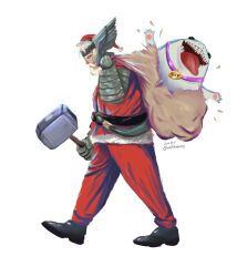 2boys animal_collar beard belt black_belt black_footwear coat collar facial_hair fur-trimmed_coat fur_trim gauntlets hammer hat helm helmet highres holding holding_hammer holding_sack jeff_(marvel) marvel marvel_rivals mjolnir_(marvel) multiple_boys mustache pants red_pants sack santa_costume santa_hat sharp_teeth signature simple_background teeth thor_(marvel) tongue tongue_out walking white_background white_hair wonhunnidy