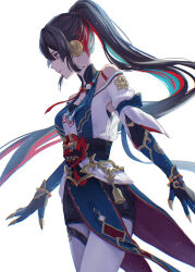 1girl absurdres alternate_hair_length alternate_hairstyle black_hair blunt_sidelocks bright_pupils chinese_clothes commentary_request cowboy_shot expressionless from_side green_hair high_ponytail highres honkai:_star_rail honkai_(series) long_hair mask michiko_(ui29) multicolored_hair off-shoulder_shirt off_shoulder oni_mask ponytail red_eyes red_hair red_mask shirt sidelocks simple_background solo streaked_hair very_long_hair white_background white_pupils white_shirt xueyi_(honkai:_star_rail)
