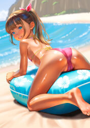 1girl ass back bare_legs barefoot beach bikini blue_eyes brown_hair cameltoe cliff commentary_request day feet flat_chest grin hair_ribbon highres inflatable_raft loli long_hair ocean original outdoors partially_visible_vulva pink_bikini ponytail ribbon simple_background smile solo swimsuit tan tanline teeth thighs toes uzuki_mei