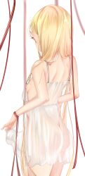 1girl ass back bare_legs bare_shoulders blonde_hair breasts clothes_lift cowboy_shot dress dress_lift eyelashes female_focus from_behind hair_ribbon lifting_own_clothes loli long_hair meemz_a monogatari_(series) nipples no_bra no_panties oshino_shinobu pointy_ears red_ribbon ribbon simple_background small_breasts solo standing transparent vampire white_background white_dress