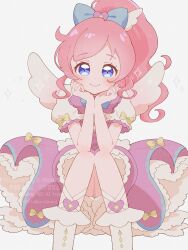 blue_bow blue_eyes blush bow clenched_hands commentary copyright_notice dot_nose dress elbow_rest elbows_on_knees fake_wings frilled_sleeves frills hair_bow hands_on_own_cheeks hands_on_own_face haru_(haru1bc6c4) head_rest highres idol idol_clothes kiratto_pri_chan knees_together_feet_apart long_hair looking_at_viewer medium_dress momoyama_mirai pink_dress pink_hair ponytail pretty_series puffy_short_sleeves puffy_sleeves short_sleeves sitting smile socks sparkle straight-on watermark wavy_hair wavy_sidelocks white_background white_socks wings