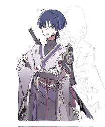 1boy 1girl armor asymmetrical_sleeves back_bow behind_another blue_eyes blue_hair bow braid bridal_gauntlets closed_mouth collarbone cosplay crossed_arms from_behind genshin_impact hair_between_eyes highres japanese_clothes kimono long_braid long_hair looking_at_viewer looking_to_the_side mother_and_son multicolored_hair off_shoulder purple_kimono raiden_shogun raiden_shogun_(cosplay) red_sash sash scaramouche_(genshin_impact) short_hair shoulder_armor single_braid sketch standing streaked_hair sword ttt_rr4 uneven_sleeves weapon weapon_on_back white_background wide_sleeves