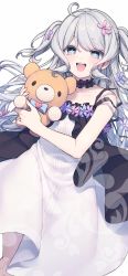Rule 34 | 1girl, ahoge, bare shoulders, blue bow, blue flower, blue neckwear, blush, bow, choker, collarbone, dress, female focus, fingernails, flower, frills, green eyes, grey hair, hair flower, hair ornament, heart, highres, holding, holding stuffed toy, long hair, n (m ohkamotoh), nail polish, open mouth, original, pink nails, purple flower, short eyebrows, simple background, smile, solo, stuffed animal, stuffed toy, teddy bear, teeth, tongue, white background, white dress