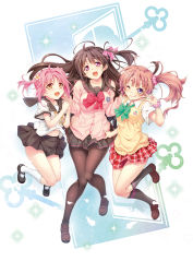 Rule 34 | 3girls, black socks, blue eyes, blush, bow, bracelet, brown hair, cardigan vest, floating hair, flower, fukamachi sachi, girl sandwich, hair flower, hair intakes, hair ornament, hair scrunchie, interlocked fingers, jewelry, kneehighs, koinosu ichacolize, kouzuki natsume, loafers, long hair, long sleeves, looking at viewer, mary janes, multiple girls, official art, one eye closed, open mouth, own hands together, pantyhose, pink eyes, pink hair, plaid clothes, plaid skirt, pleated skirt, sandwiched, school uniform, scrunchie, serafuku, shoes, short sleeves, side ponytail, skirt, smile, socks, takeya masami, twintails, v, white legwear, wind, wind lift, yellow eyes, yoshino ichika