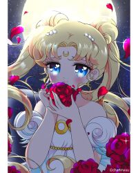 1girl bad_id bad_twitter_id bare_arms bare_shoulders beads bishoujo_senshi_sailor_moon blonde_hair blue_eyes border clip_studio_paint_(medium) closed_mouth collarbone commentary crescent crescent_facial_mark detached_sleeves dot_nose double_bun dress earrings english_commentary eyelashes facial_mark feather-trimmed_dress fingernails floating_hair flower forehead_mark full_moon hair_beads hair_bun hair_ornament happy heart heart_in_eye highres holding holding_flower honeymoonpetal jewelry light_blush lipstick long_hair makeup moon night night_sky outdoors parted_bangs petals pillarboxed pink_lips princess_serenity puffy_short_sleeves puffy_sleeves red_flower red_rose rose rose_petals short_sleeves sky smile solo sparkle star_(sky) starry_sky strapless strapless_dress stud_earrings symbol_in_eye tsukino_usagi twintails upper_body very_long_hair white_border white_dress white_sleeves