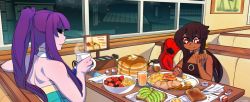 2girls avocado bacon bare_shoulders bibi_(orbis_terra) black_hair black_sclera bracelet bread_slice colored_sclera cup dark-skinned_female dark_skin egg egg_(food) food fork fruit holding holding_cup jewelry knife multiple_girls napkin nyx_(orbis_terra) orbis_terra pancake pancake_stack plate purple_hair red_eyes saane sausage signature sitting steam sunny_side_up_egg syrup table toast