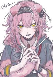 1girl animal_ears arknights black_hairband character_name commentary_request goldenglow_(arknights) hair_between_eyes hairband hand_on_own_tail highres initial looking_at_viewer lower_teeth_only moekso2 open_mouth own_hands_together pink_eyes pink_tail simple_background sketch solo sweatdrop tail teeth upper_body white_background yellow_eyes