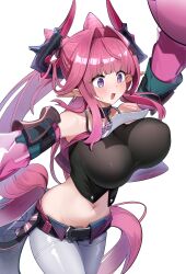 +_+ 1girl absurdres arknights arknights:_endfield bare_shoulders black_shirt blue_eyes blush breasts commentary cone_hair_bun dishui_tangni double_bun hair_bun hair_intakes highres horns huge_breasts long_hair long_sleeves navel open_mouth pants pink_hair pink_horns pointy_ears shirt simple_background smile solo stomach thighs twintails unaligned_breasts white_background white_pants yvonne_(arknights)