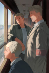 Rule 34 | 2boys, absurdres, arm rest, armband, black necktie, blonde hair, facial hair, grey jacket, highres, jacket, kogu (nue insideout), male focus, multiple boys, necktie, parted lips, porco galliard, reiner braun, shingeki no kyojin, shirt, short hair, sparse stubble, stubble, train interior, undercut, white shirt, window