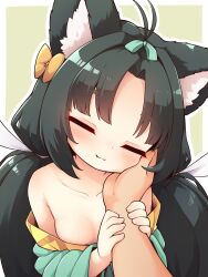 1girl 1other :3 absurdres animal_ear_fluff animal_ears azur_lane bare_shoulders blue_bow bow breasts closed_eyes closed_mouth collarbone commentary_request facing_viewer fang fang_out fox_ears green_hair green_kimono hair_bow hand_on_another&#039;s_arm hand_on_another&#039;s_cheek hand_on_another&#039;s_face highres japanese_clothes kimono long_hair long_sleeves low_twintails parted_bangs pov pov_hands shoboimu smile solo_focus twintails very_long_hair yellow_bow yuubari_(azur_lane)