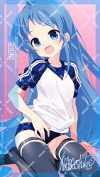 Rule 34 | 1girl, adversarial noise, artist name, black thighhighs, blue buruma, blue eyes, blue hair, buruma, character name, double vertical stripe, gradient background, gym shirt, gym uniform, highres, inaba shiki, kantai collection, long hair, looking at viewer, open mouth, pink background, raglan sleevs, samidare (kancolle), shirt, signature, smile, solo, t-shirt, thighhighs, two-tone shirt, very long hair, watermark, watermark grid, white shirt