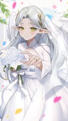 1girl bouquet bow breasts character_request cleavage closed_mouth dress falling_petals flower green_eyes grey_hair highres holding holding_bouquet iriam jewelry k_(art71) laurels long_hair petals pink_petals pointy_ears ring rose second-party_source see-through_cleavage see-through_clothes solo virtual_youtuber white_bow white_dress white_flower white_rose white_wings wings yellow_petals