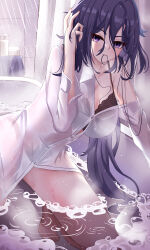 1girl absurdres aichinaigai bathroom bathtub black_hair breasts clorinde_(genshin_impact) genshin_impact highres large_breasts long_hair looking_at_viewer purple_eyes shirt solo very_long_hair wet wet_clothes wet_shirt white_shirt