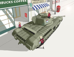 10s 3girls assam_(girls_und_panzer) bad_id bad_pixiv_id black_ribbon blonde_hair boots braid caterpillar_tracks churchill_(tank) crossed_legs darjeeling_(girls_und_panzer) den_(kur0_yuki) emblem french_braid from_above girls_und_panzer hair_ribbon highres keep_calm_and_carry_on leaning leaning_against_vehicle long_hair military military_vehicle motor_vehicle multiple_girls on_vehicle orange_hair orange_pekoe_(girls_und_panzer) phone_booth porch poster_(object) ribbon road school_uniform shadow sidewalk sitting st._gloriana&#039;s_(emblem) standing starbucks starbucks_siren storefront street tank team tow_hook vehicle very_long_hair