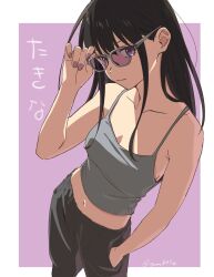 1girl black_hair collarbone hand_in_pocket highres inoue_takina long_hair lycoris_recoil midriff_peek nail_polish navel purple_eyes simple_background solo sunglasses tank_top ymm803e