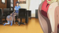 1boy 2girls all_fours ass bent_over black_hair blonde_hair blue_ribbon blue_shirt blue_soles chair collaboration_works hinata_hanabi indoors interior katakage_fuurin leotard looking_at_another looking_at_ass looking_back multiple_girls office_chair panties pantyhose pink_hair playboy_bunny ponytail ribbon shiny_skin shirt sitting swivel_chair thighhighs top_lift tropical_kiss under_table underwear white_footwear white_panties white_thighhighs wooden_floor