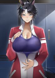 Rule 34 | 1girl, absurdres, ahoge, animal ears, black hair, blue eyes, breasts, cleavage, commentary request, cowboy shot, ear ornament, fuji kiseki (umamusume), hair between eyes, highres, horse ears, horse girl, horse tail, indoors, jacket, jitome no tsugumi, large breasts, locker, locker room, long sleeves, multicolored hair, red jacket, short hair, smile, solo, streaked hair, sweat, swimsuit, swimsuit under clothes, tail, track jacket, umamusume, unzipping, white hair