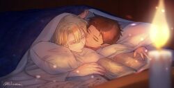 2boys blonde_hair blue_eyes book brown_hair candle claude_von_riegan closed_eyes closed_mouth commentary_request curtained_hair dark-skinned_male dark_skin dimitri_alexandre_blaiddyd earrings fire fire_emblem fire_emblem:_three_houses jewelry kiss kissing_cheek light_particles long_sleeves looking_at_another lying male_focus multiple_boys nintendo on_stomach open_book papers parted_lips piercing pillow s_hrsm shirt short_hair short_sideburns twitter_username under_covers white_shirt yaoi