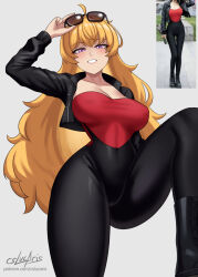 1girl adjusting_eyewear ahoge alternate_costume arm_up artist_name black_boots black_jacket black_leggings blonde_hair boots breasts cleavage collarbone commentary cropped_jacket cslucaris english_commentary eyewear_on_head foot_out_of_frame from_below grey_background grin hand_on_eyewear highres jacket leg_up leggings light_blush long_hair long_sleeves looking_at_viewer looking_down medium_breasts off-shoulder_shirt off_shoulder open_clothes open_jacket parted_lips patreon_username photo_inset purple_eyes red_shirt reference_inset rwby shirt simple_background skin_tight smile solo standing sunglasses teeth thighs very_long_hair wavy_hair yang_xiao_long