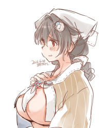 1girl bandana blush braid breasts brown_shawl dated hair_between_eyes hair_flaps hair_ornament hand_on_own_chest jingei_(kancolle) kantai_collection kirisawa_juuzou large_breasts parted_lips red_eyes shawl sideboob signature simple_background single_braid sketch solo upper_body white_background