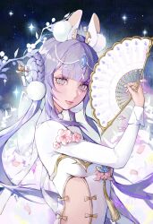 1girl animal_ears blunt_bangs branch breasts bun_with_braided_base clothing_cutout commission dress gold_ribbon hair_ornament hand_fan highres holding holding_fan long_hair long_sleeves looking_at_viewer night night_sky original pearl_hair_ornament purple_hair rabbit_ears side_cutout sky star_(sky) sumi_(suumiko_) tassel tristia_(vtuber) virtual_youtuber white_dress