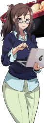 10s 1girl absurdres blue-framed_eyewear blush brown_eyes brown_hair computer female_focus glasses highres julioalqae kouzuki_sanae laptop looking_at_viewer sakura_quest sketch smile solo standing