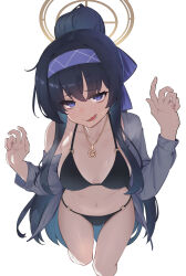 1girl bikini black_bikini black_hair blue_archive breasts cleavage collarbone cropped_legs grey_shirt hairband halo highres jewelry long_hair long_sleeves looking_at_viewer medium_breasts navel necklace nsan official_alternate_costume open_mouth ponytail purple_eyes purple_hairband shirt sidelocks simple_background smile solo standing swimsuit teeth tongue ui_(blue_archive) ui_(swimsuit)_(blue_archive) white_background yellow_halo