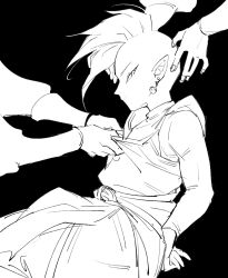 1boy 2others bad_tag black_background clothes_grab dragon_ball dragon_ball_super earrings grabbing_another&#039;s_shirt greyscale jewelry long_sleeves looking_to_the_side mohawk monochrome multiple_others pants pointy_ears potara_earrings sash shirt shirt_grab short_hair smile virusmao_db zamasu