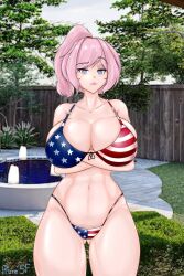 Rule 34 | 1girl, american flag, american flag bikini, american flag print, bikini, blue eyes, crossed arms, flag print, flag print bikini, highres, hr-chan (vtuber), hr chan, pink hair, print bikini, socks agency, swimsuit
