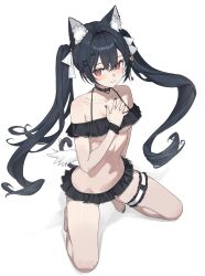 1girl animal_ears bare_shoulders bikini bikini_skirt black_bikini black_choker black_hair breasts cat_ears cat_tail choker closed_mouth extra_ears frilled_bikini frills hand_on_own_chest highres karyln long_hair looking_at_viewer low_wings mini_wings mole mole_on_cheek navel original red_eyes simple_background small_breasts smile solo stomach string_bikini swimsuit tail twintails very_long_hair white_background wings