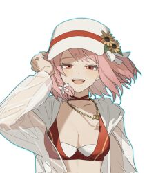 1girl bikini blush braid breasts choker cleavage dr_metagross fire_emblem fire_emblem_engage fire_emblem_heroes flat_cap flower hat highres jacket jewelry lapis_(fire_emblem) lapis_(forager_of_the_sea)_(fire_emblem) medium_breasts multicolored_bikini necklace nintendo official_alternate_costume open_mouth pink_eyes pink_hair red_bikini see-through_clothes see-through_jacket short_hair smile solo sunflower swimsuit two-tone_hat upper_body white_hat white_jacket